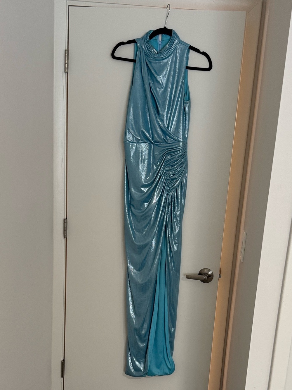 Shimmery Aqua Blue Draped Evening Dress - Mac Duggal